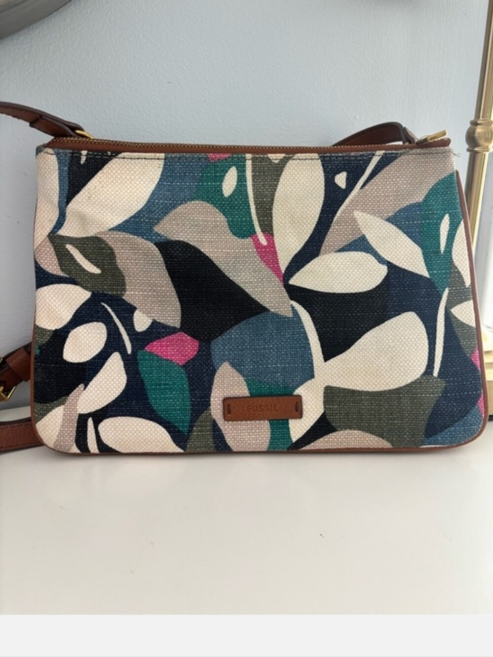 Fossil Canvas Floral Print Crossbody in Navy, Cream, Teal & Pink